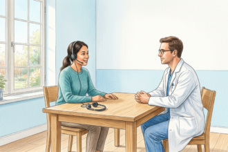 Bright clinic room where an interpreter with a headset meets a physician