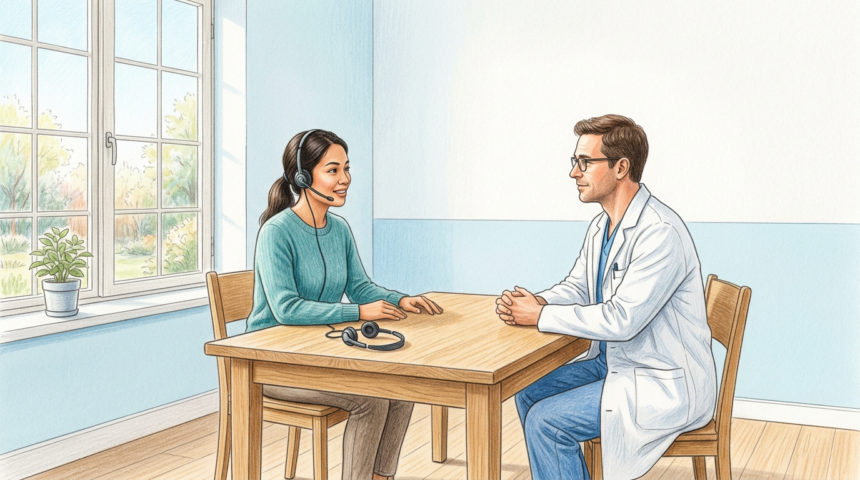Bright clinic room where an interpreter with a headset meets a physician