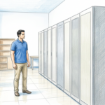 Technician in a bright hospital IT room with blank server cabinets