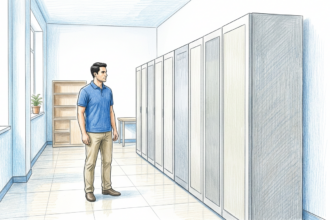 Technician in a bright hospital IT room with blank server cabinets
