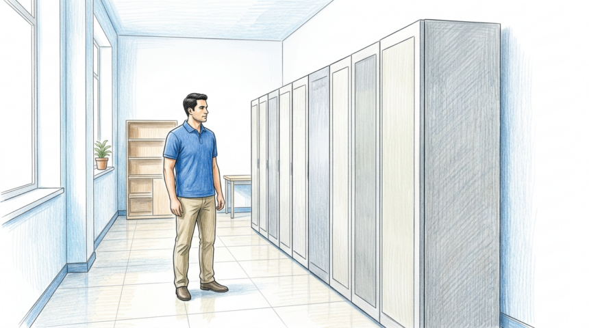 Technician in a bright hospital IT room with blank server cabinets