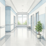Bright multispecialty medical office corridor with plain blue doors
