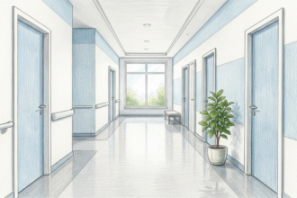 Bright multispecialty medical office corridor with plain blue doors