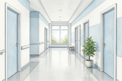 Bright multispecialty medical office corridor with plain blue doors
