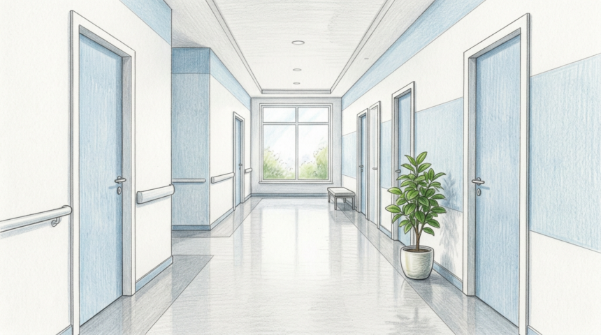 Bright multispecialty medical office corridor with plain blue doors