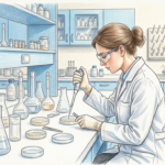 Scientist working at a bright biotechnology laboratory bench