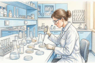 Scientist working at a bright biotechnology laboratory bench