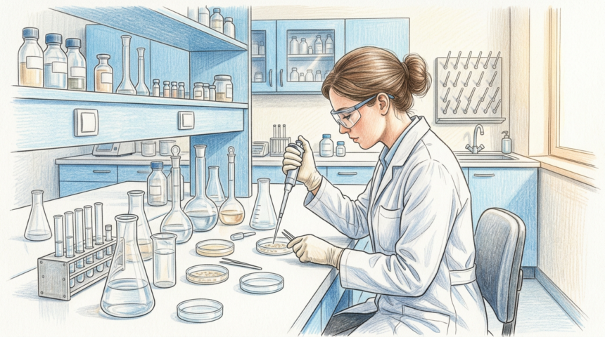 Scientist working at a bright biotechnology laboratory bench