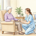 Caregiver beside an elderly resident in a bright care home room