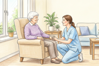 Caregiver beside an elderly resident in a bright care home room