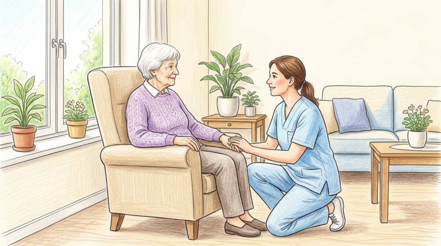 Caregiver beside an elderly resident in a bright care home room