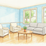 Calm bright youth behavioral health common room with sofa and armchairs