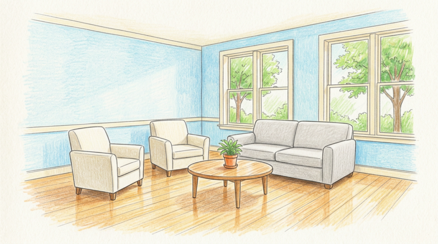 Calm bright youth behavioral health common room with sofa and armchairs
