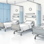 Hand-drawn illustration of a bright nursing education simulation lab with empty practice beds