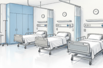 Hand-drawn illustration of a bright nursing education simulation lab with empty practice beds