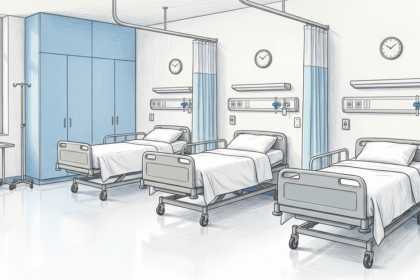 Hand-drawn illustration of a bright nursing education simulation lab with empty practice beds