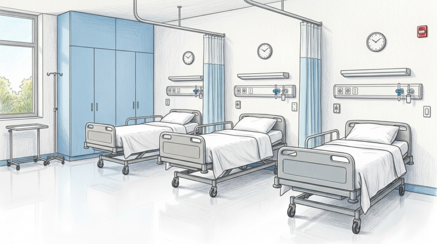 Hand-drawn illustration of a bright nursing education simulation lab with empty practice beds