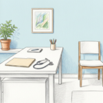 Hand-drawn illustration of a bright telemedicine consultation office with a desk and stethoscope