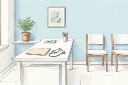 Hand-drawn illustration of a bright telemedicine consultation office with a desk and stethoscope
