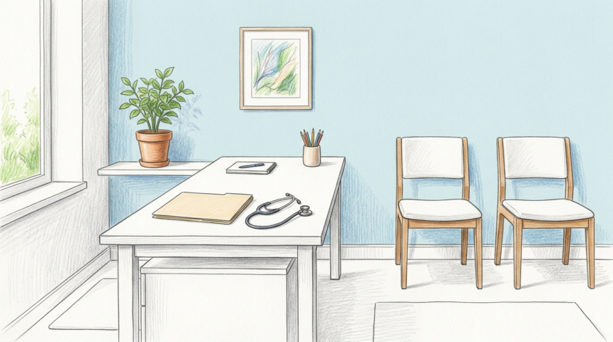 Hand-drawn illustration of a bright telemedicine consultation office with a desk and stethoscope