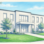 Hand-drawn illustration of a health sciences college campus building and lawn
