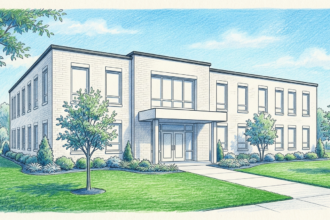 Hand-drawn illustration of a health sciences college campus building and lawn