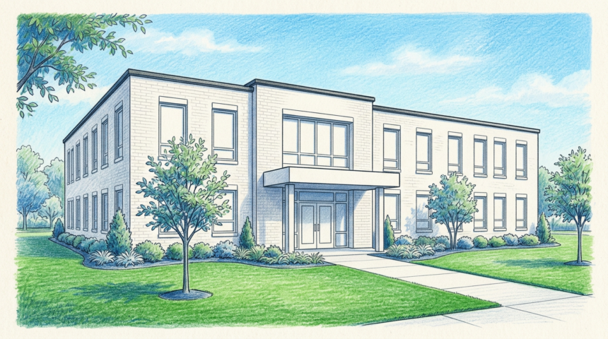 Hand-drawn illustration of a health sciences college campus building and lawn