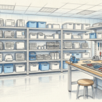 Hand-drawn illustration of a hospital clinical engineering workshop with shelved equipment and a workbench