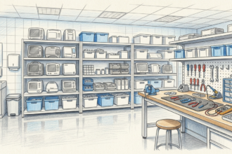 Hand-drawn illustration of a hospital clinical engineering workshop with shelved equipment and a workbench
