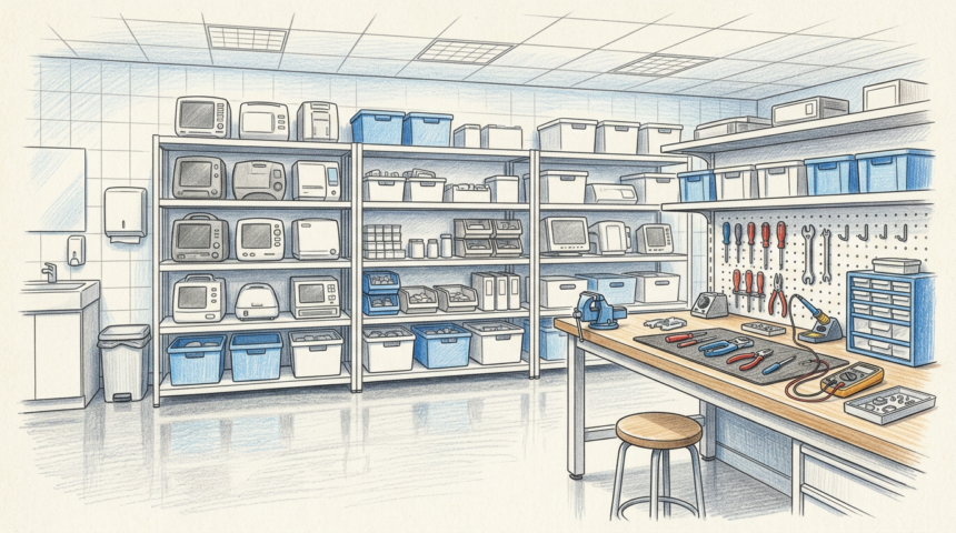 Hand-drawn illustration of a hospital clinical engineering workshop with shelved equipment and a workbench