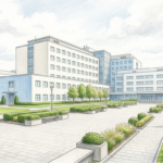 Hand-drawn illustration of a large academic medical center campus with a plaza