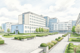 Hand-drawn illustration of a large academic medical center campus with a plaza