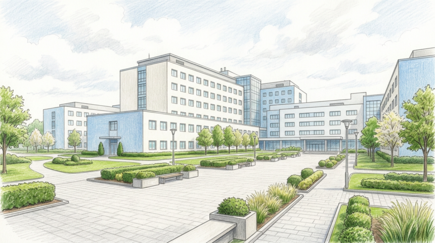 Hand-drawn illustration of a large academic medical center campus with a plaza