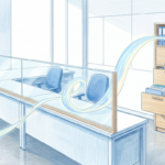 Hand-drawn illustration of a bright government health agency office with a glass barrier and a glowing ribbon of light looping over it toward a filing cabinet