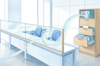 Hand-drawn illustration of a bright government health agency office with a glass barrier and a glowing ribbon of light looping over it toward a filing cabinet