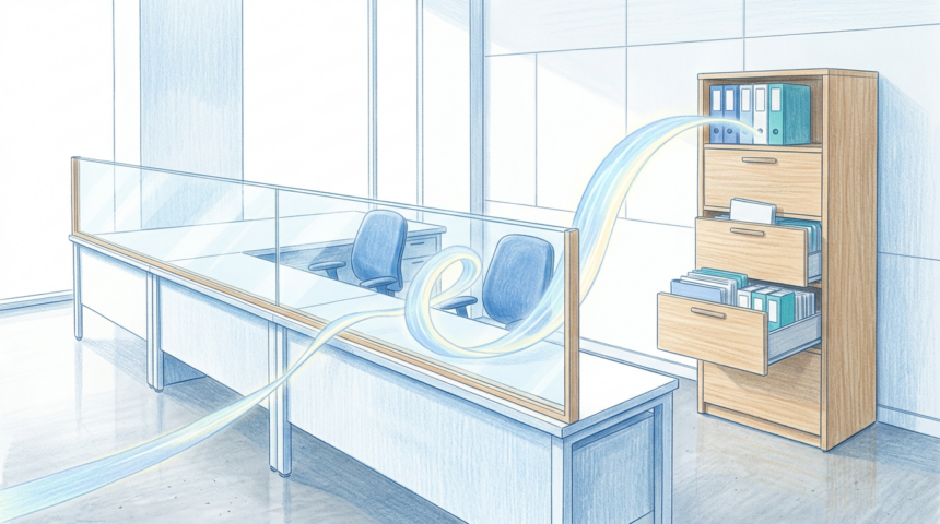 Hand-drawn illustration of a bright government health agency office with a glass barrier and a glowing ribbon of light looping over it toward a filing cabinet