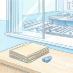 Hand-drawn illustration of a bright school health billing office desk with folders and a padlock beside a medical device workshop bench
