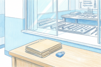 Hand-drawn illustration of a bright school health billing office desk with folders and a padlock beside a medical device workshop bench