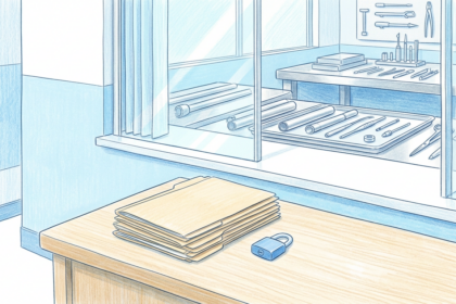 Hand-drawn illustration of a bright school health billing office desk with folders and a padlock beside a medical device workshop bench