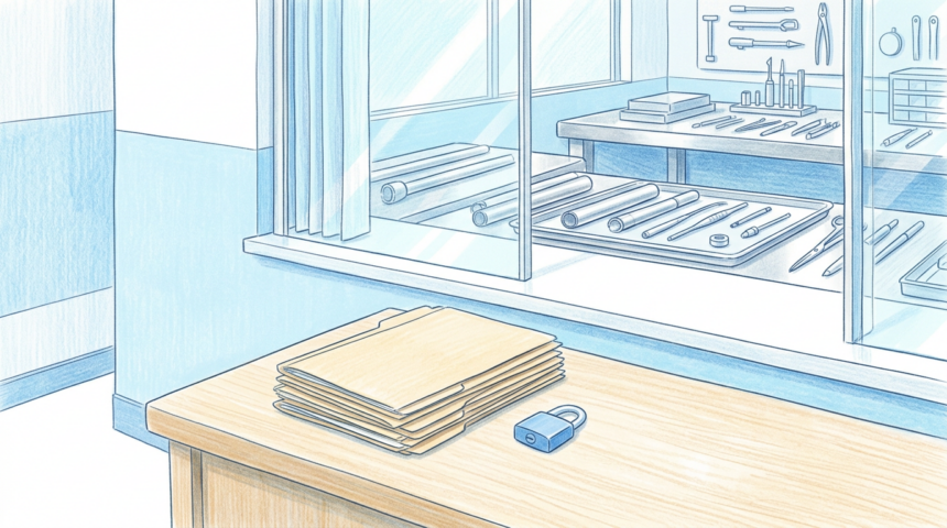Hand-drawn illustration of a bright school health billing office desk with folders and a padlock beside a medical device workshop bench
