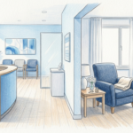 Hand-drawn illustration of a bright gastroenterology clinic reception area adjoining a quiet hospice room with an armchair and a padlock