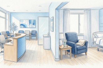 Hand-drawn illustration of a bright gastroenterology clinic reception area adjoining a quiet hospice room with an armchair and a padlock