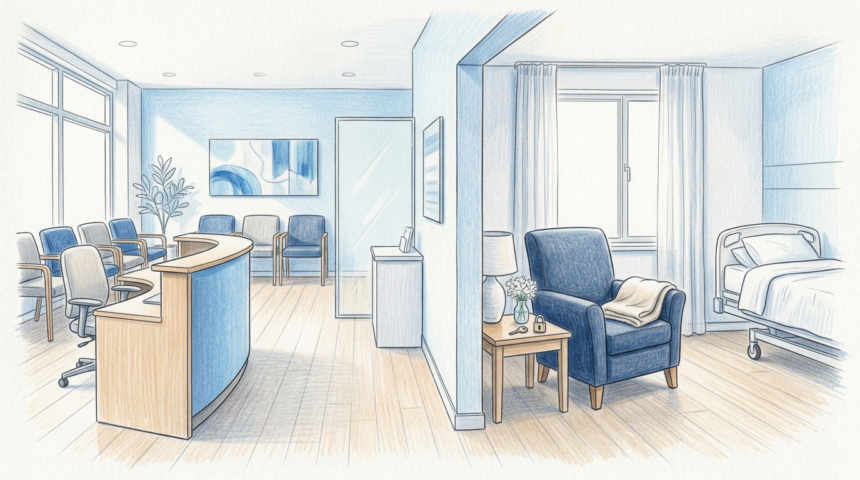 Hand-drawn illustration of a bright gastroenterology clinic reception area adjoining a quiet hospice room with an armchair and a padlock