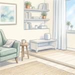 Hand-drawn illustration of a bright California therapy office with a green armchair and a small plain speaker cube set apart behind a low divider