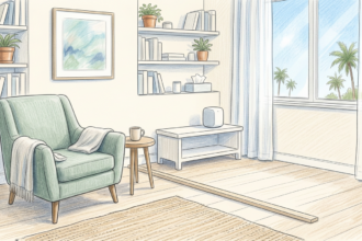 Hand-drawn illustration of a bright California therapy office with a green armchair and a small plain speaker cube set apart behind a low divider