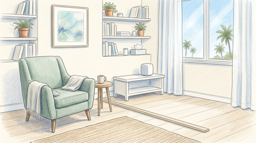 Hand-drawn illustration of a bright California therapy office with a green armchair and a small plain speaker cube set apart behind a low divider