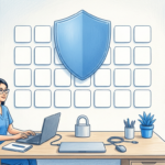 Hand-drawn illustration of a bright hospital information services office with a blue shield above a grid of blank website tiles and a padlock