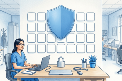 Hand-drawn illustration of a bright hospital information services office with a blue shield above a grid of blank website tiles and a padlock