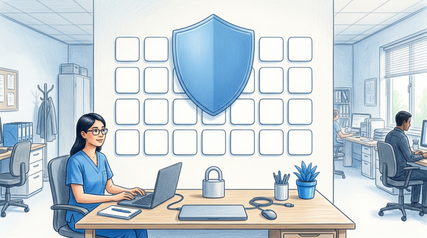 Hand-drawn illustration of a bright hospital information services office with a blue shield above a grid of blank website tiles and a padlock