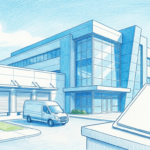 Hand-drawn illustration of a clinical laboratory building with a vendor ledger and a small padlock